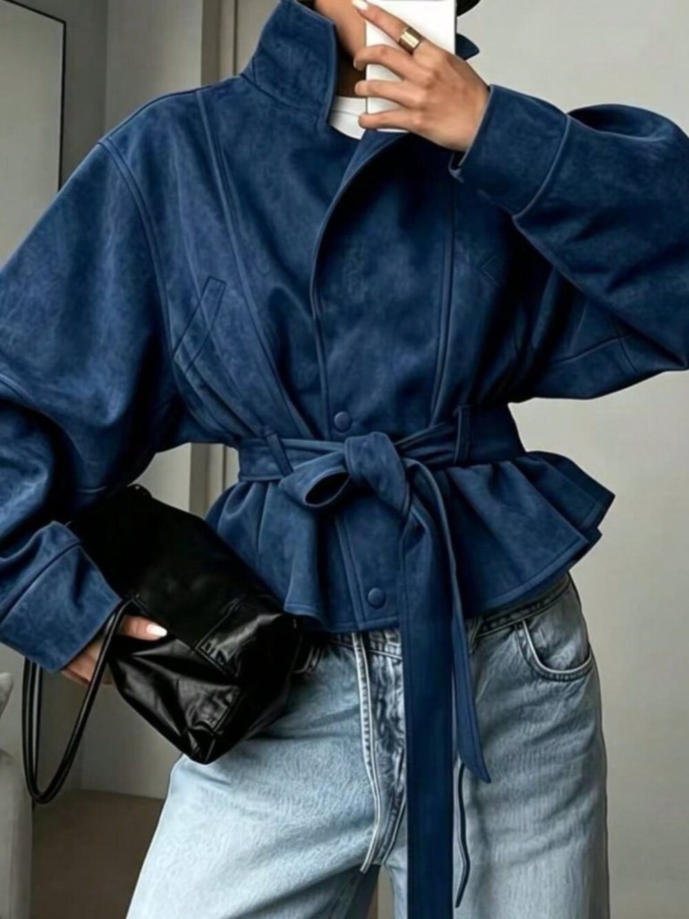 Navy Blue Casual Women's Belted Crop Jacket
